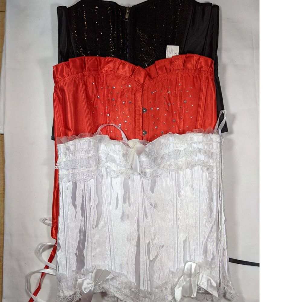 3pc New Unworn Corset Busk Laces Red White Black Sell/Wear RUN SMALL! XL Lot #9